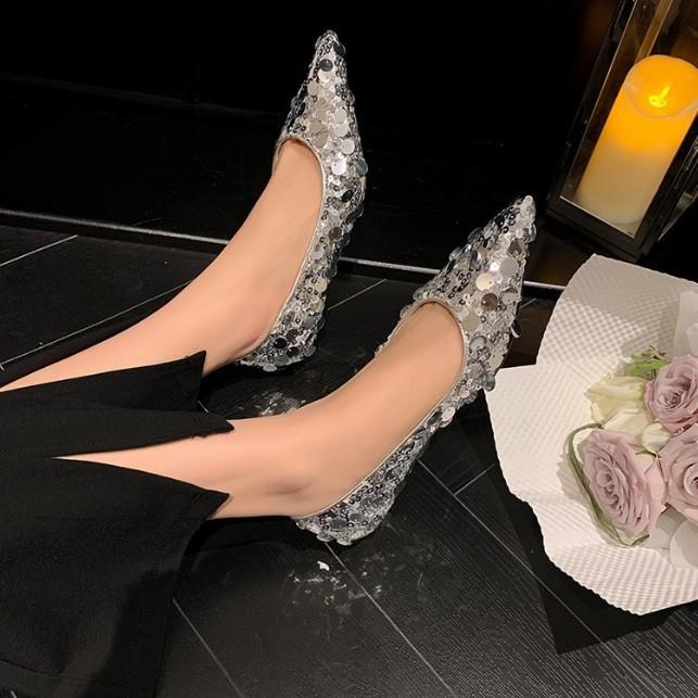 Sheepskin Version, Silver Sparkling Sequins, Small Inner Height Increase Single Shoes, Women's New Pointed End, Evening Breeze Gentle Flats