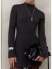 2025 European & American High Neck Long-Sleeve Bodycon Knit Dress - Solid Color