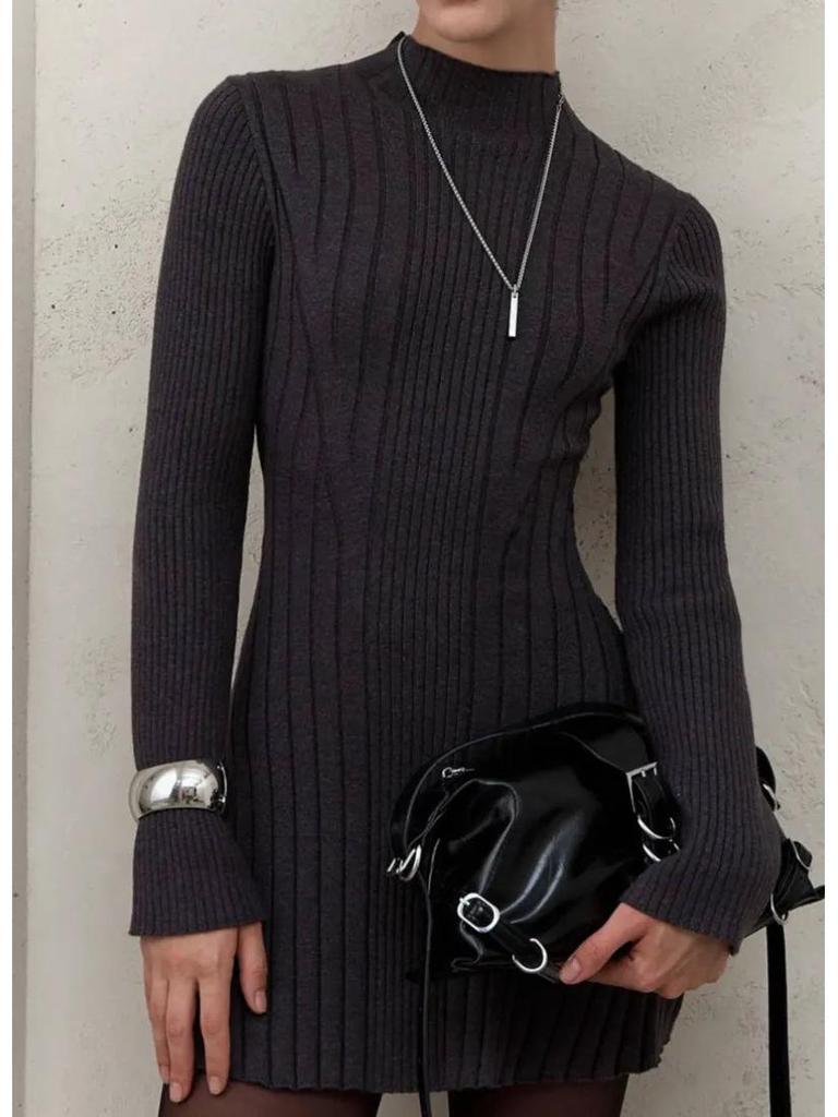 2025 European & American High Neck Long-Sleeve Bodycon Knit Dress - Solid Color