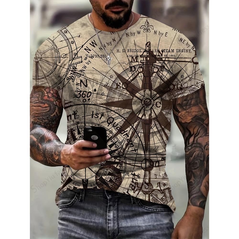 Men's T-shirt 3d Vintage Compass Pattern 3d Print T-shirts Men Women Fashion T Shirt Hip Hop Tops Tees Outdoors Clothes Male
