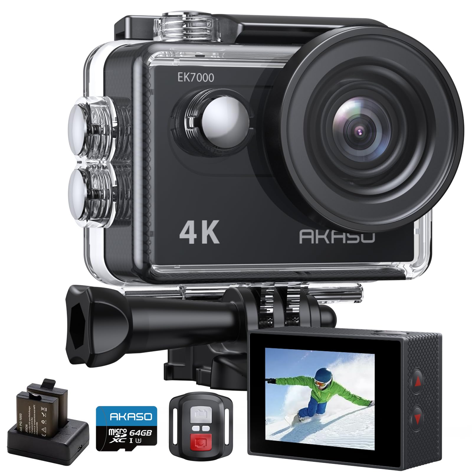 

AKASO Action Camera EK7000 4K 20MP with 64GB Memory Underwater Camera with External 40M HDMI Remote Two 1050mAh and Wide Range of Accessories Card, чорний