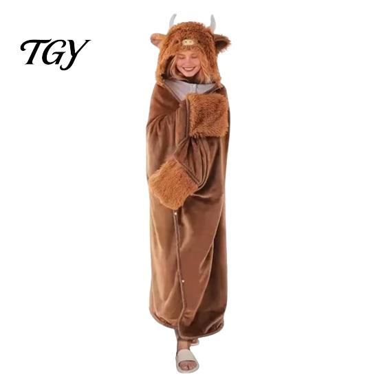 Versatile Pajama Cloak Halloween Wearable Blanket Hoodie, Cozy Hooded Highland Cow Cape, Soft Plush Sloth Black Cat for Women Home Loungewear