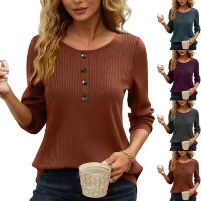 Women's Fashionable Round Neck Long Sleeved Button Casual Loose Pullover Top