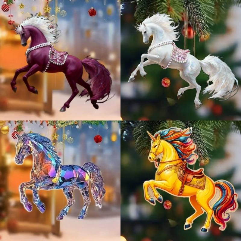 2D Acrylic Horse Charm Car Rearview Mirror Pendant Christmas Tree Hanging Home Decoration New Year Party Ornament Gift