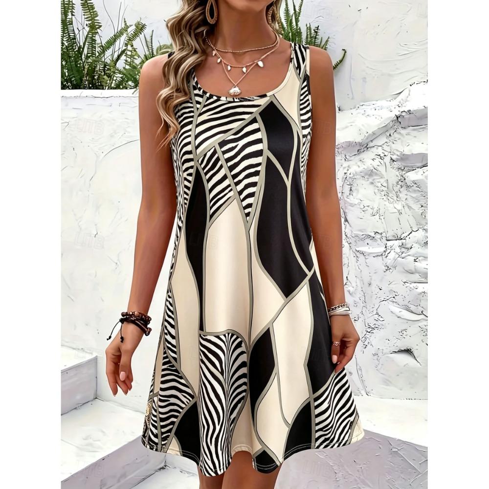 Women's Round Neck Sleeveless Camo & Tiger Print Mini Dress, Casual A-Line Dresses for Spring & Summer