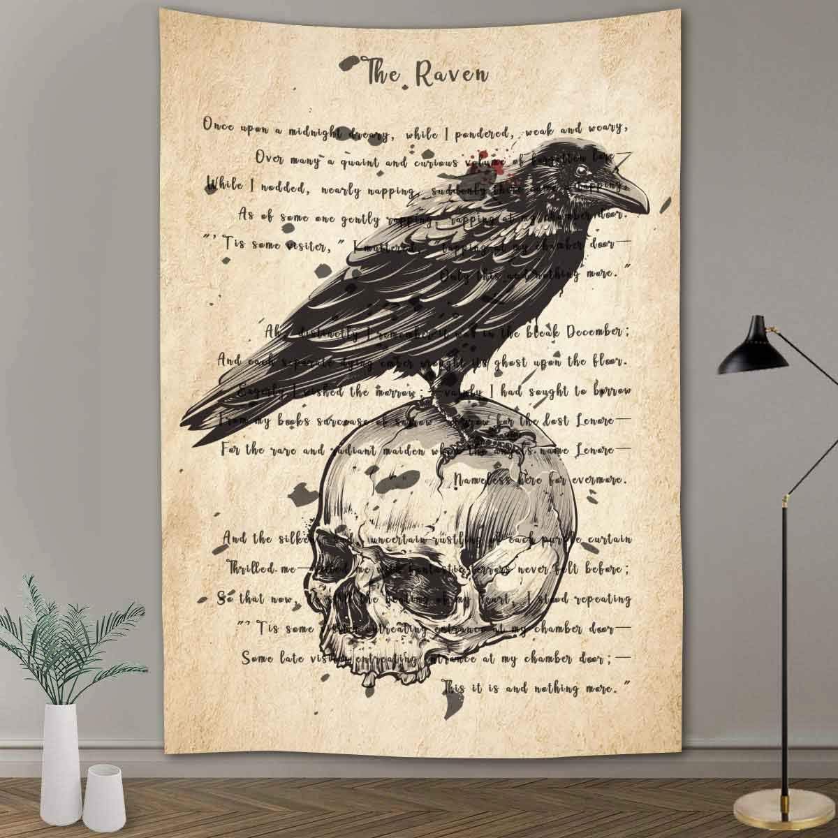 Jmg Household Supplies Unisex Black The Raven Tapestry, Vintage Poe Poem Print With Raven On Skull, Gothic Art On Aged Paper Background For Home Decor
