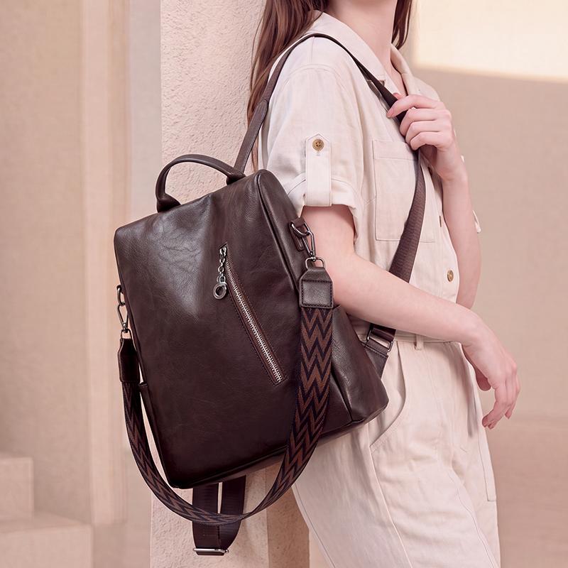 Stylish Leather Women Backpack Casual Travel School Bag with Front Zipper Pocket
