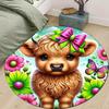Vibrant Calf Print Round Area Rug - Soft Polyester Non-Slip Mat with Adorable Highland Cow Design, Colorful Flowers & Butterflies, Perfect F