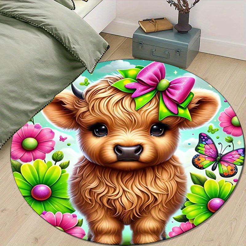 

Яркий круглый ковер с принтом под теленка - Мягкий нескользящий коврик из полиэстера с очаровательным дизайном шотландской коровы, разноцветными цветами и бабочками, идеально п 80cm