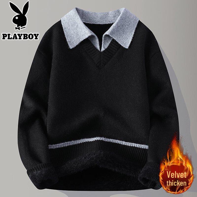 PLAYBOY Men s Fleece Lined Shirt Collar Sweater XL