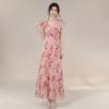 High Quality Summer Travel Vacation Fairy French Gentle Elegant Lace Edge Print Long Waist and Thin Dress