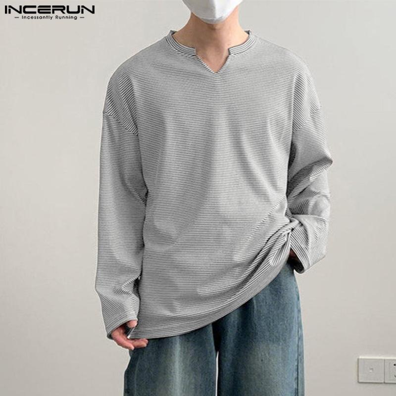 INCERUN Men Stand Neck Long Sleeve Texture Striped Casual Pullover Tops