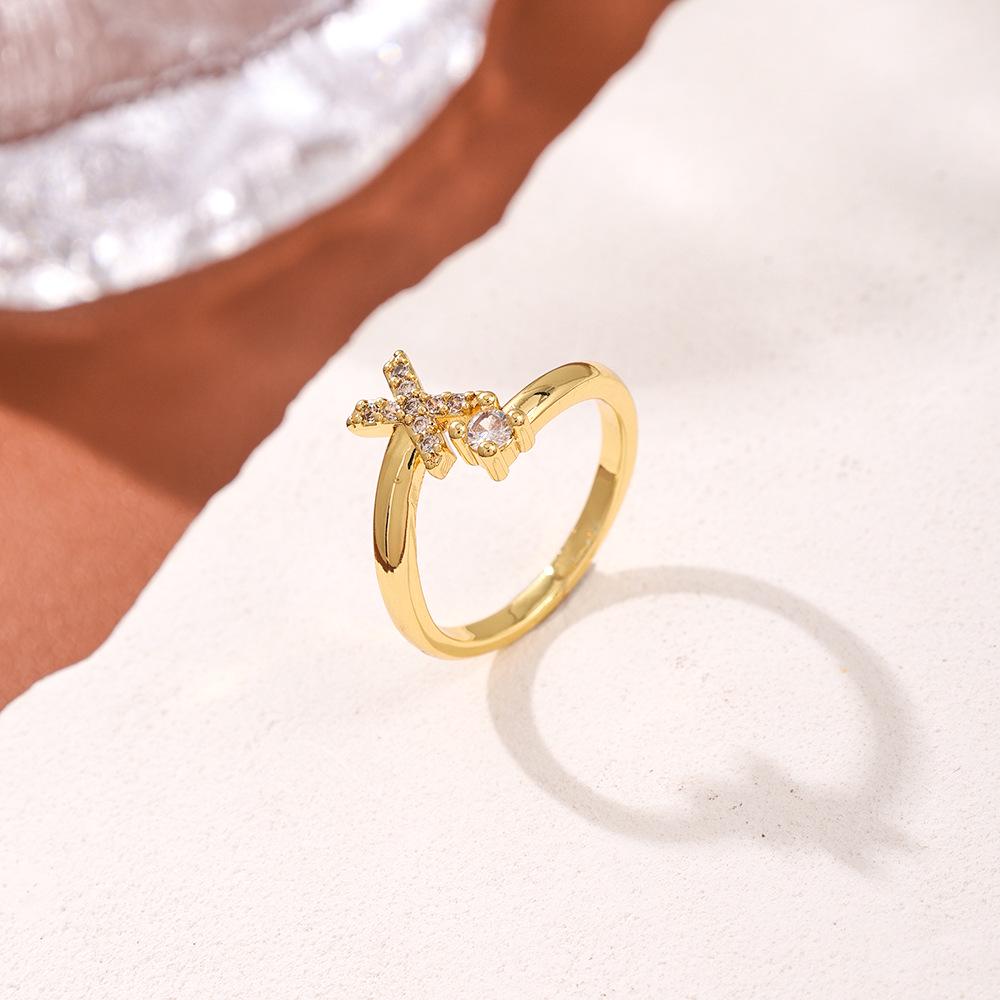 Copper Inlaid Zircon Alphabet Ring: Women's Fashionable Adjustable Open Ring