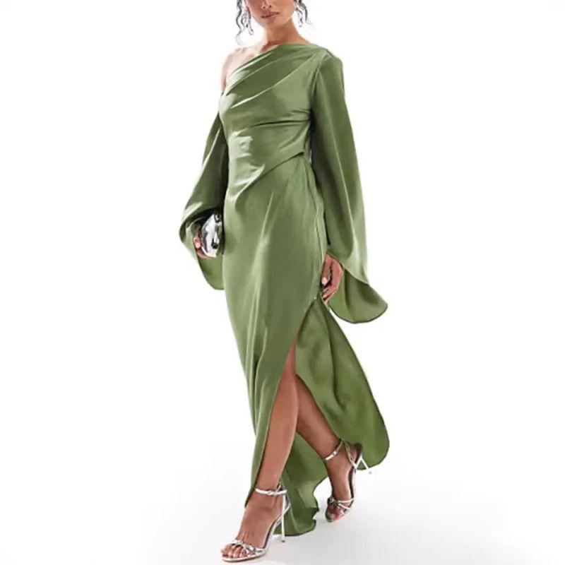 

European and American Women clothes Sloping Shoulder Dress Green off-the-Shoulder Slim fit Split Bell Sleeve Formal Dress Green XL