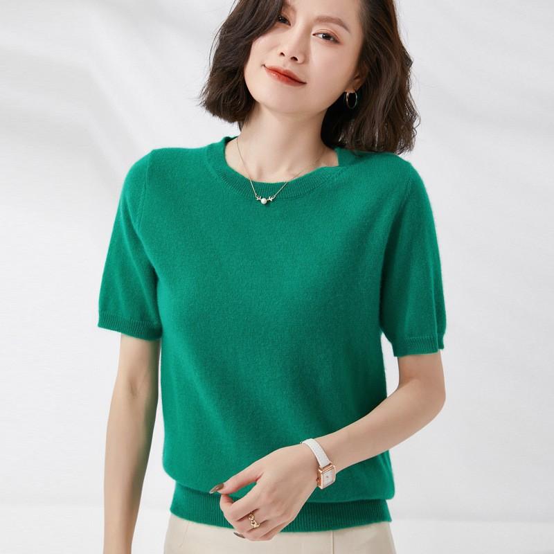 Spring and Autumn Women's T-shirt Knit Shirt Round Neck Simple Temperament Slim Top Solid Color Knitted Bottoming Thin