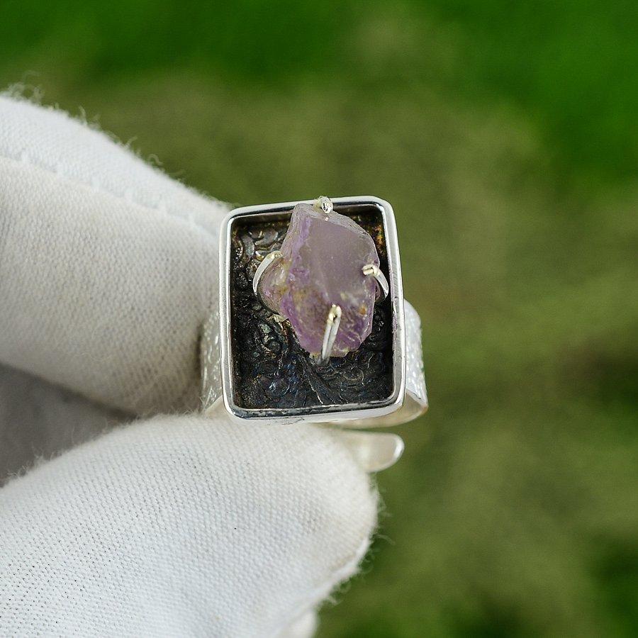 Gift For Her Natural Amethyst Rough Statement Adjustable Ring 925 Silver