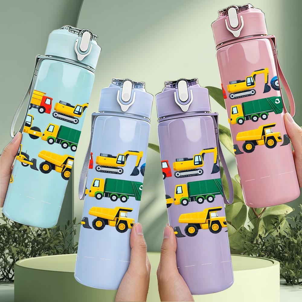 1PC Color Toy Truck Collection Print 750ml Color Plastic Sports Water Bottle Leakproof Flip Straw Lid Suitable for Sports Office Home Use