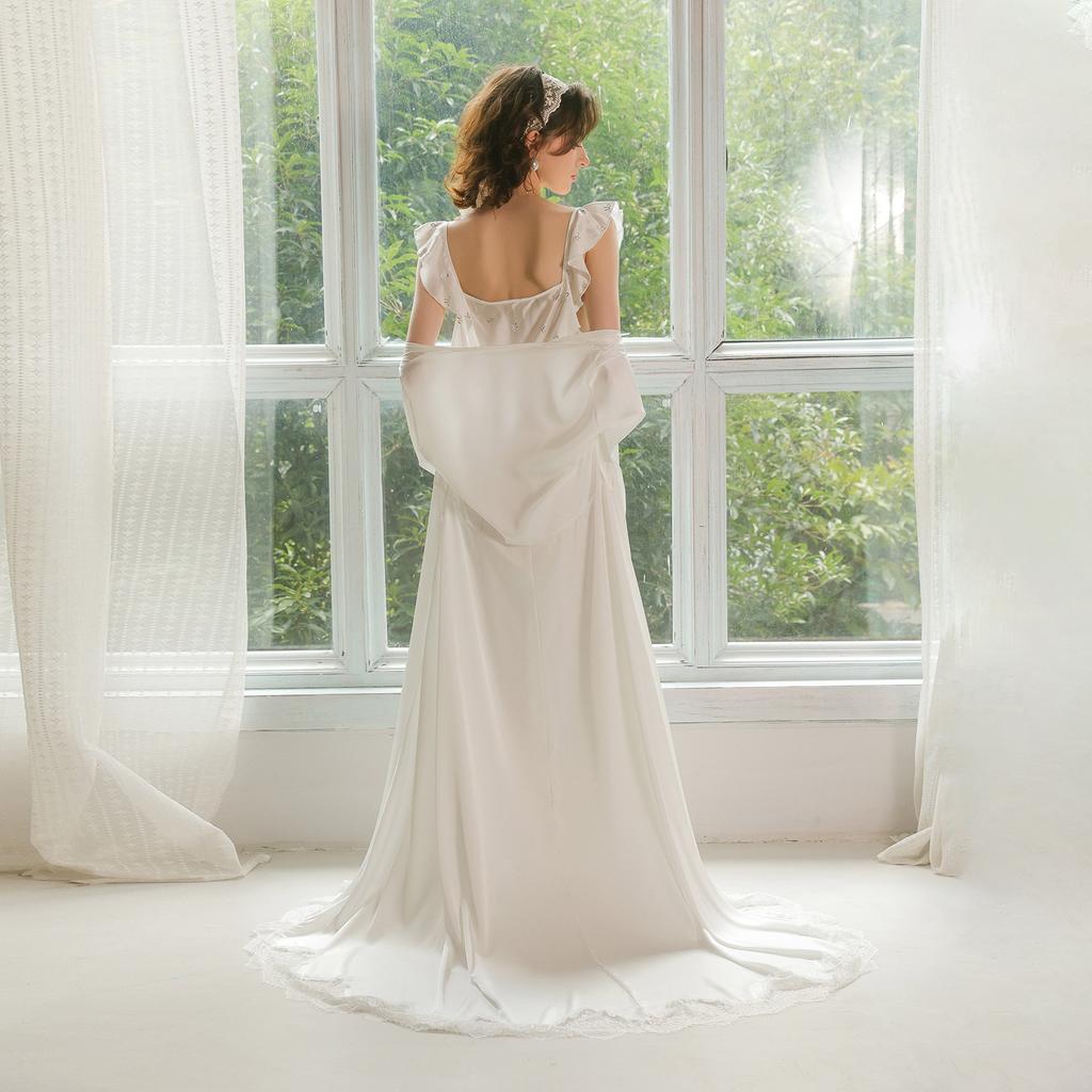 French light luxury bridal dress two-piece set, women's satin silver bow spaghetti strap long dress, loungewear 911+1111