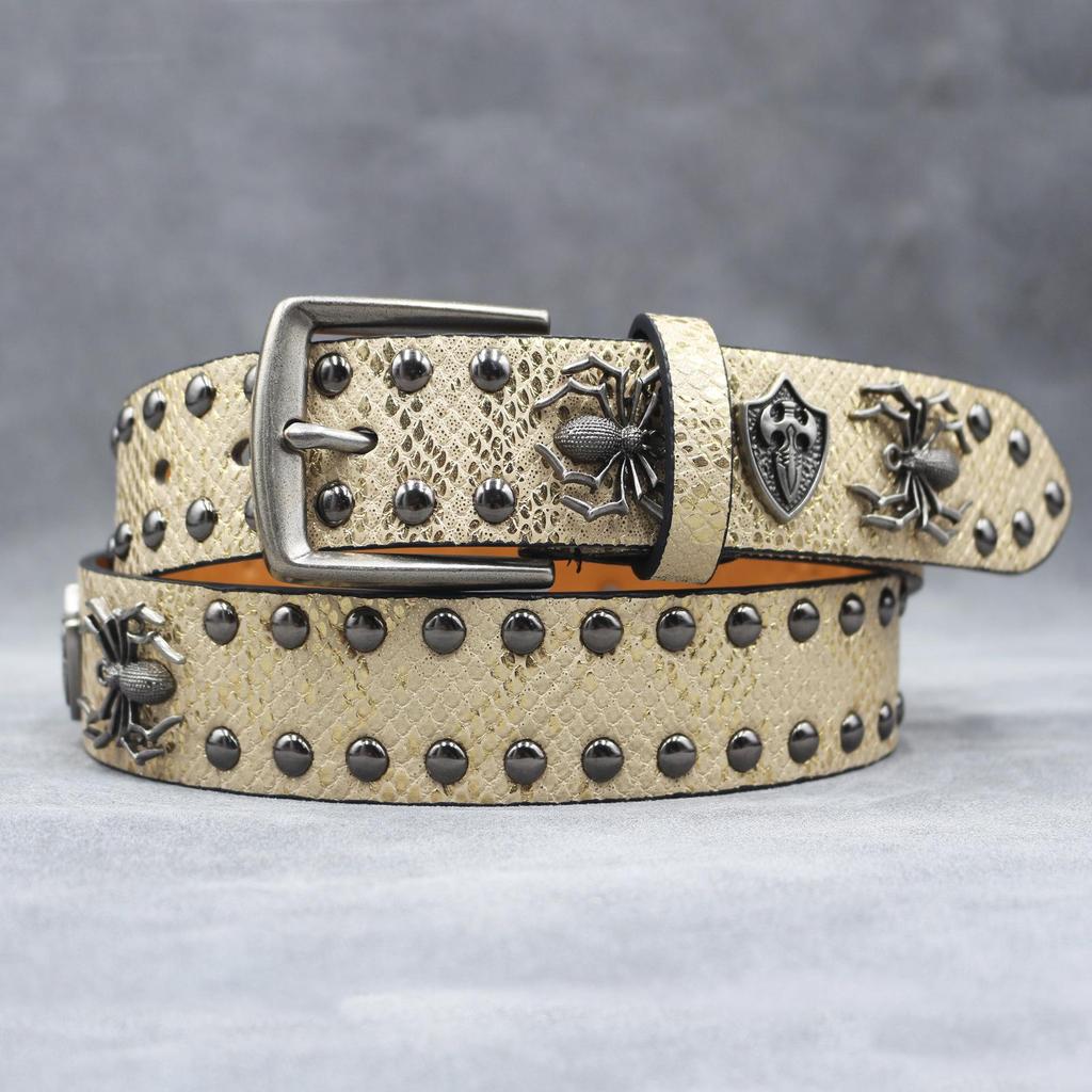 Unisex 7-Color 3D Spider Rivet Leather Belt with Snake Print