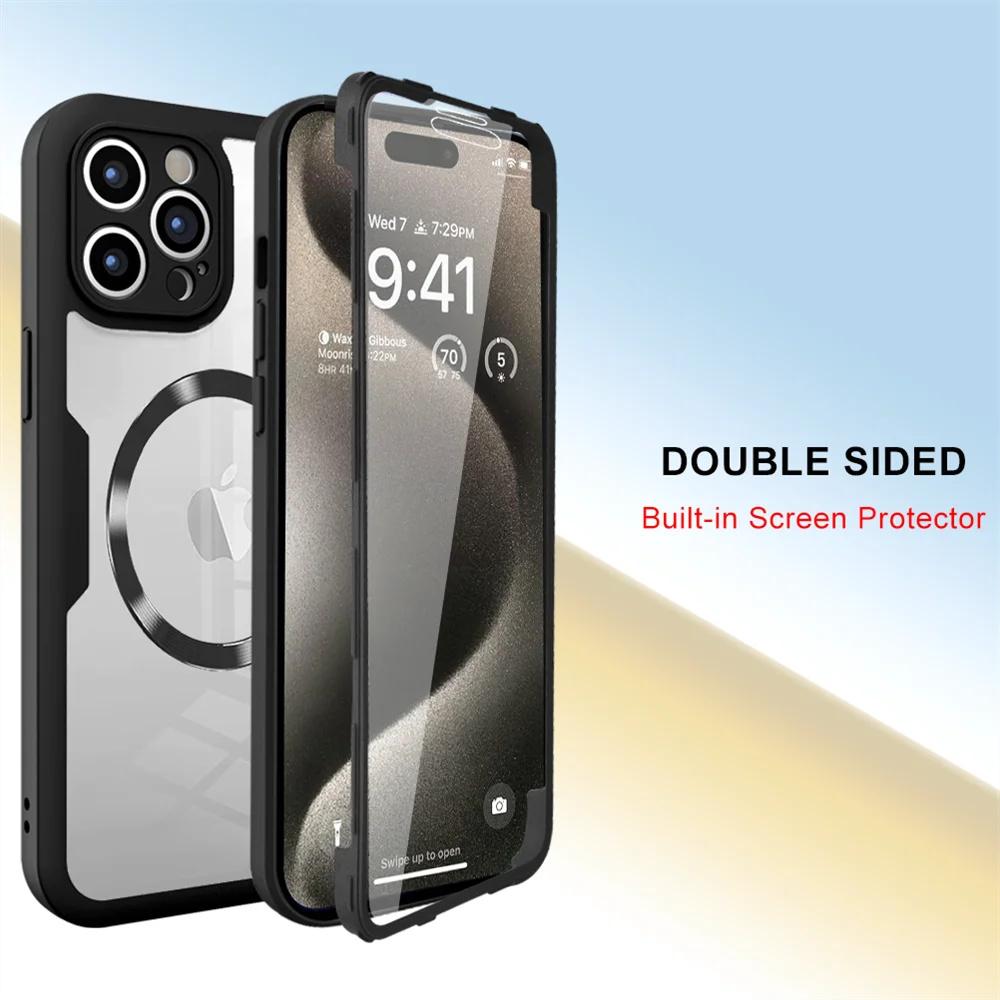 For IPhone 16 15 14 11 12 13 Pro Max 360° Fully Protected Double-sided Magnetic Cases For Magsafe Wireless Charge Protect  Cover
