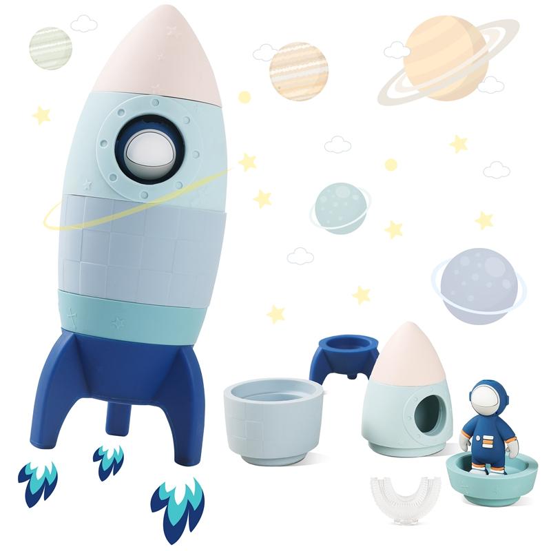 Baby Silicone Stacking Blocks Toys Cartoon Rocket Ornament Food Grade Teether Bpa Free Baby Room Decoration Gifts For Newborns