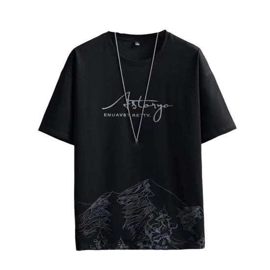 Мужская футболка с принтом, мягкие дышащие, быстросохнущие, цветные, с круглым вырезом, свободные, с короткими рукавами, с горным узором, летние топы, повседневная одежда L чёрный