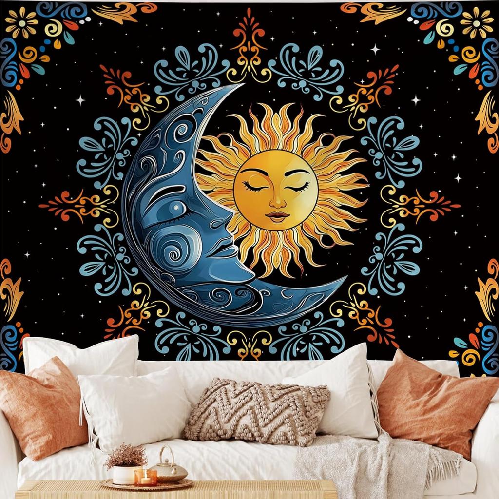 Sun and Moon Tapestry Wall Hanging, Boho Hippie Vintage Celestial Starry Sky Tapestries, Flower and Stars Wall Decor for Bedroom