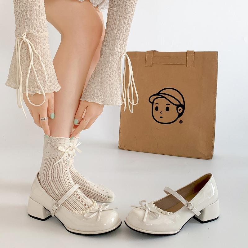 Fashion Red Pumps for Women Spring Autumn Thick Middle Heel Leather Women's Single Shoes Fashion Round Toe Bow Heeled Mary Jane Shoes