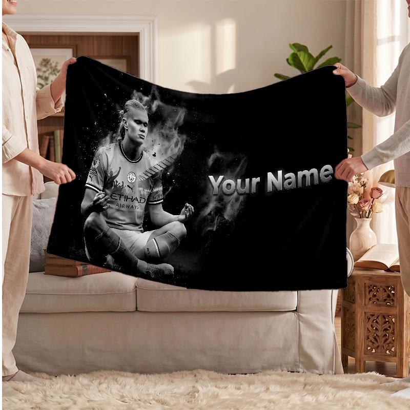 Erling Haaland Personalized Fleece Blanket With Football Logo, Custom Name Text Soft Warm Home Throw Blanket