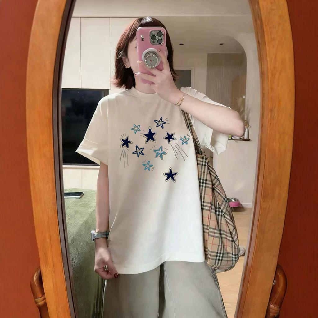 American white star short-sleeved t-shirt female summer student loose design sense niche unique huge good-looking half-sleeved top