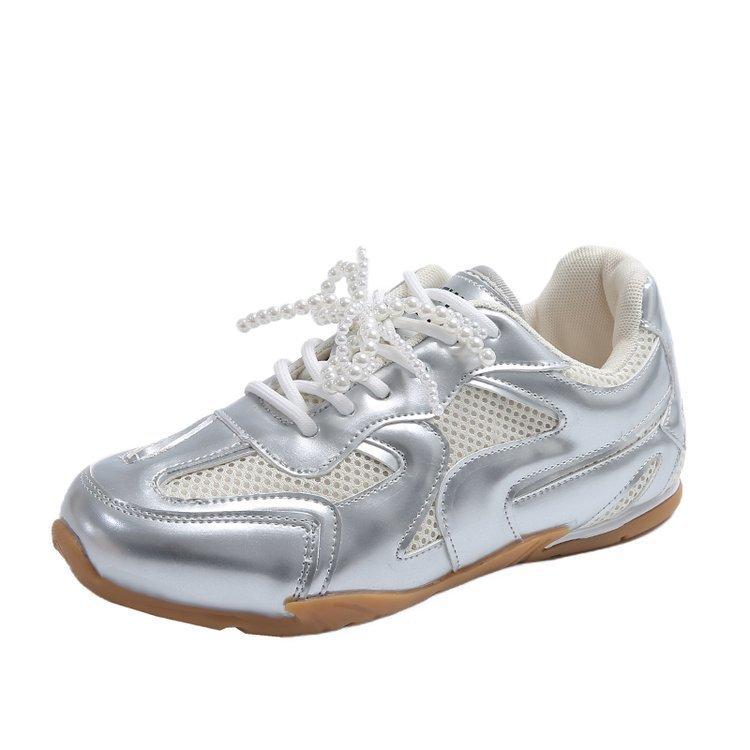 Platform soled German training shoes women's pearl shoelaces silver ballet style 2025 new spring casual Forrest Gump sports shoes