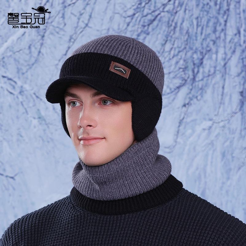 Winter hat, scarf set, outdoor velvet and cold-proof knitted wool hat, men's cycling warm ear protection pullover hat