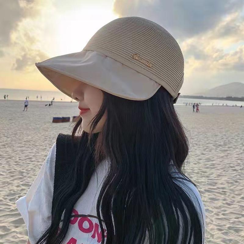 Women Summer Sun Hat Solid Color Mesh Breathable Wide Brim Sunscreen Cap Ladies Girls Outdoor Travel Foldable Visor Cap