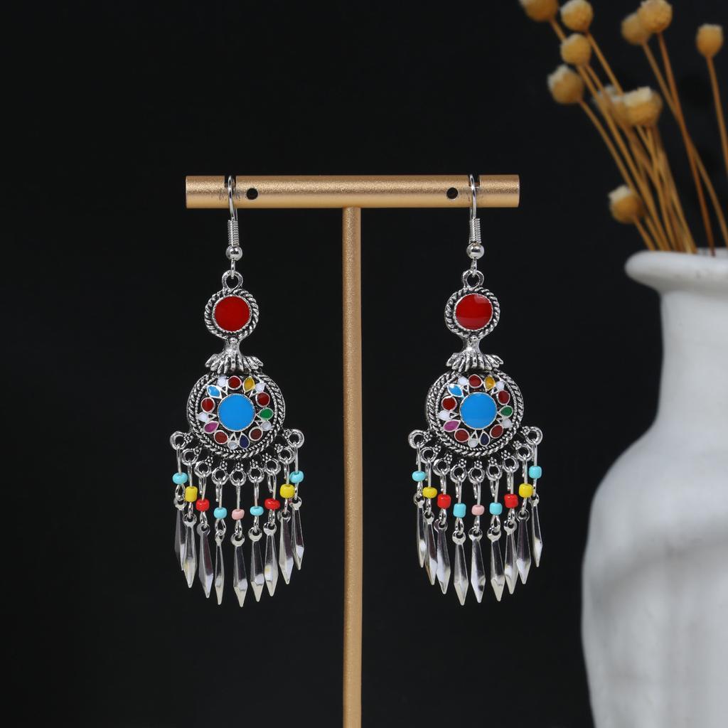 Geometric Round Ethnic Style Earrings, Long Fringed Earrings For Bohemian Retro Tourist Attractions