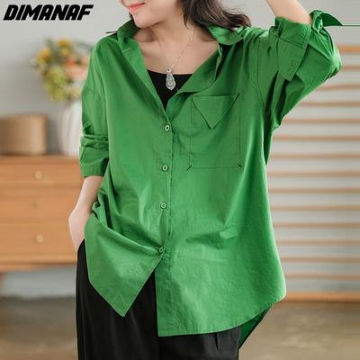 DIMANAF 2022 New Plus Size Blouse Autumn Style Casual Solid Women Long Sleeve Basic Linen White Cardigan Green Shirts Tops Tees Loose