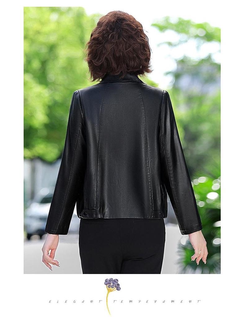 New Hot Style PU Leather Jacket for Middle-Aged and Elderly Women - Petite Spring and Autumn Suit Jacket