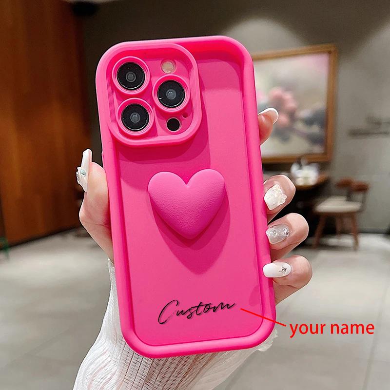 Personalized Custom Name Cute Love Heart Case For iPhone 16 15 14 13 12 11 Pro Max X XS 7 8 Plus Luxury Silicone Candy DIY Cover