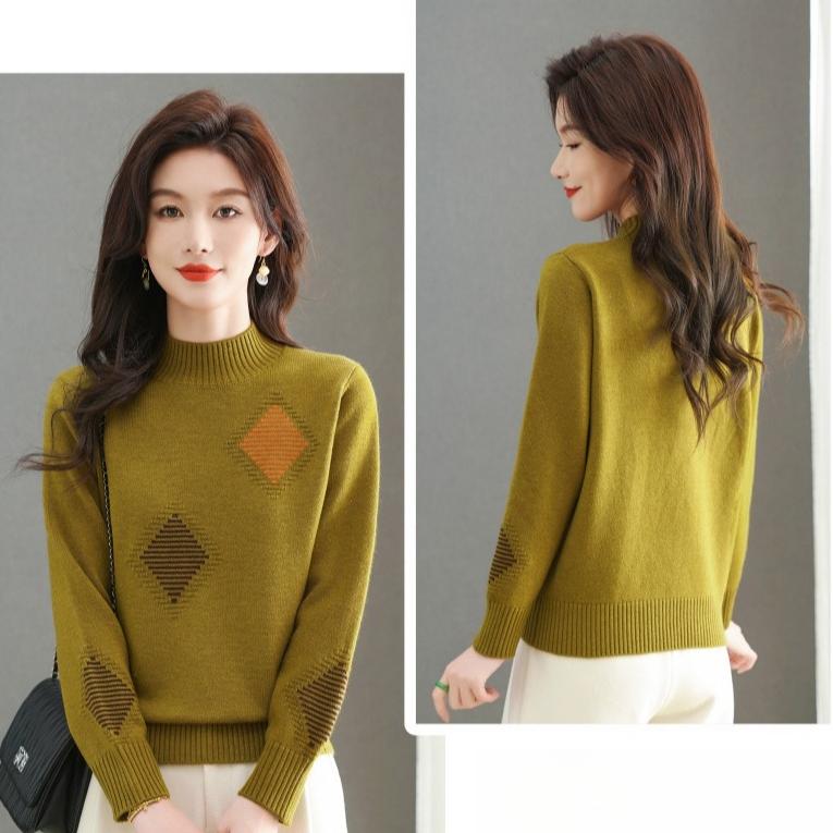 Solid-color Sweater Women's Trendy Casual Long-sleeved Knitted Sweater Loose Half Turtleneck Pullover Autumn and Winter Top