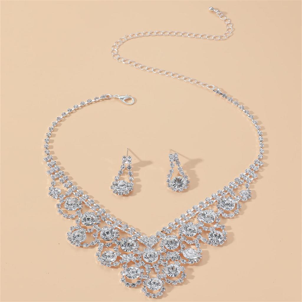 Premium Luxury Super Flash Rhinestone Necklace Earrings Set Chain Bridal Jewelry Two-piece Wedding Accessories
