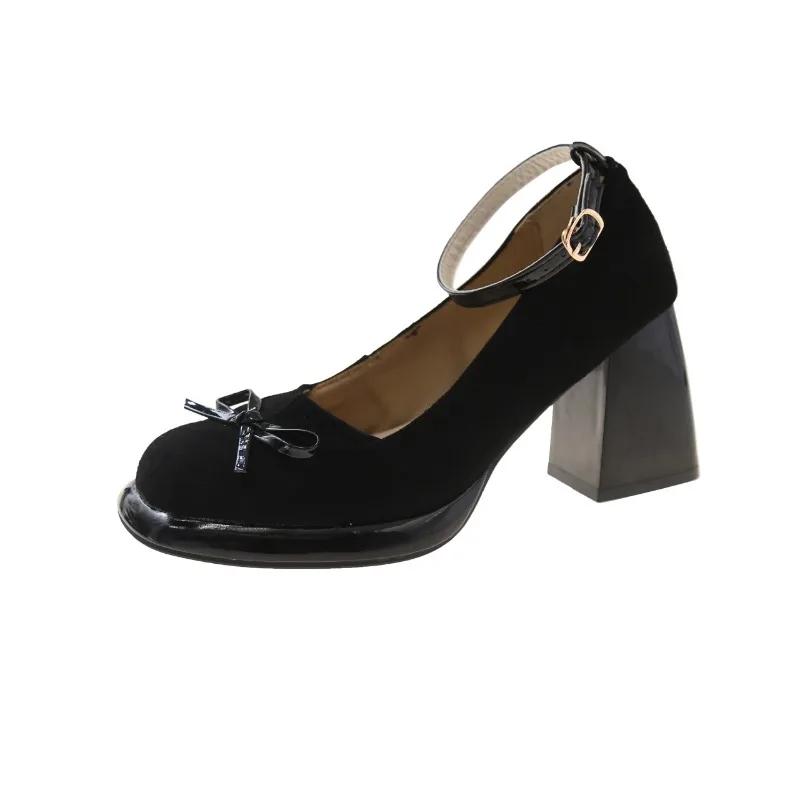 Fashion Hot Selling French Elegant Thick Heel High Heels Women Spring 2025 New Retro Butterfly Knot Not Tired Round Head Slip-On Shoes