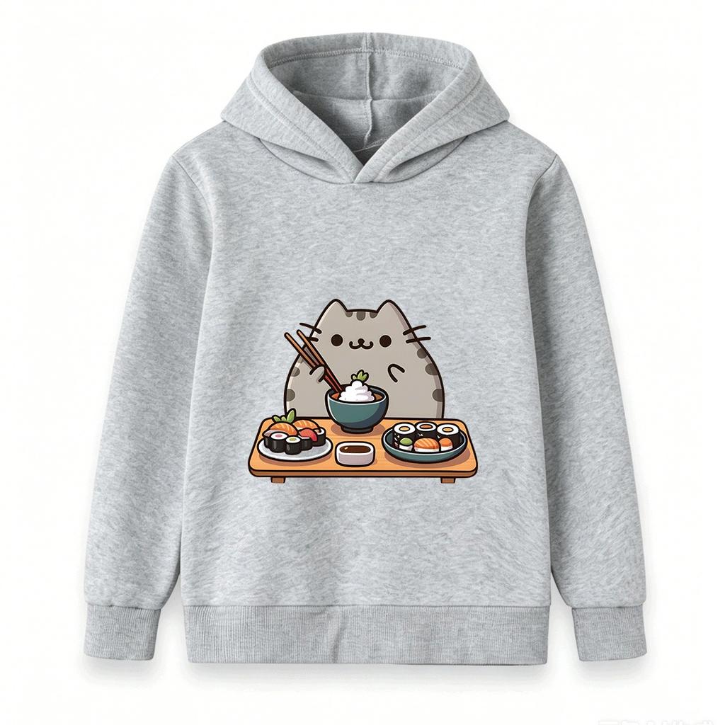Kids Boys Girls Hooded Pullover Sweatshirt Cute Cartoon Cat Sushi Pattern Casual Soft Pullover Top for Daily Wear Gift for Sushi Lovers