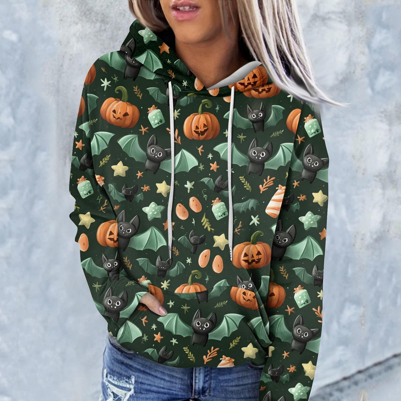 

Женские толстовки с капюшоном, одежда для девочек-подростков, повседневный свитер, пуловер с карманами на Хэллоуин M зелёный