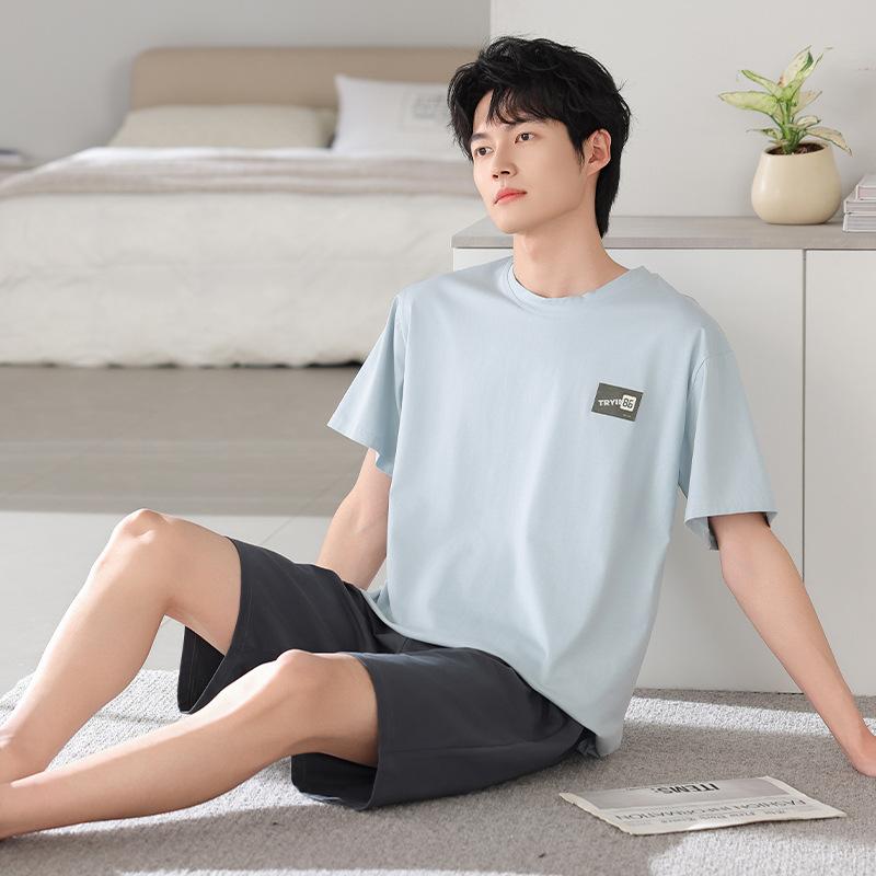 1011 New Men's Pajamas Summer Cotton Short Sleeve Shorts Large Size Thin Loose Casual Style Homewear Set