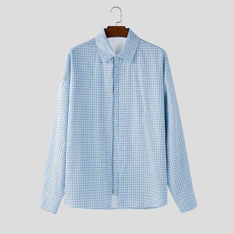 

INCERUN Мужские рубашки оверсайз с лацканами, длинными рукавами, пуговицами, двухслойные, повседневные, в клетку S