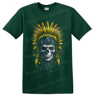 Skull Feather Headdress Graphic T Shirt Colorful Gothic Festival Art Tee Print