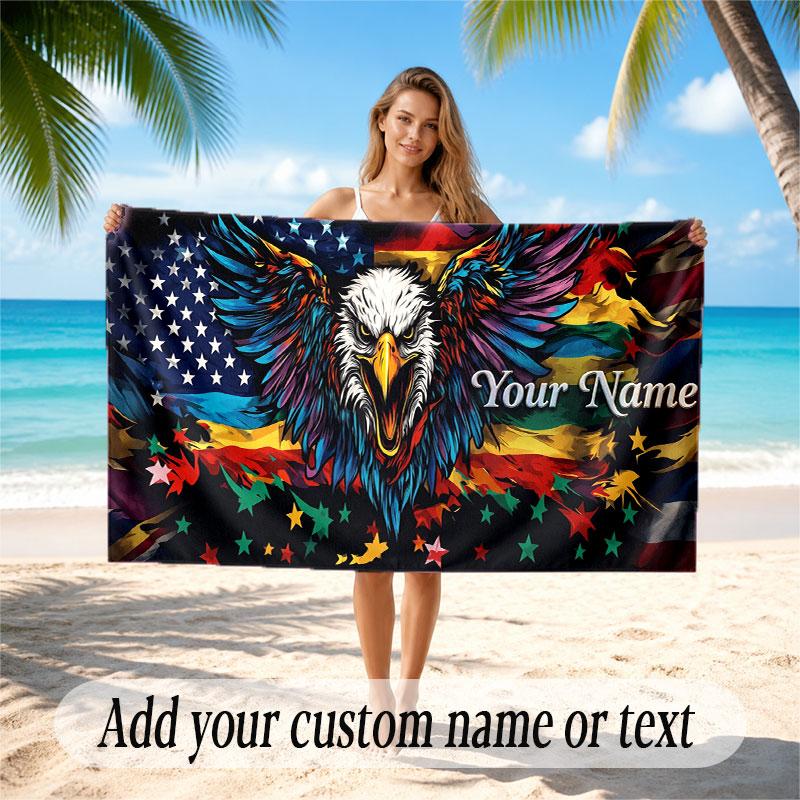 American Patriotic Theme Soft Beach Towel Personalized Custom Name Text Towel Portable for Beach Pool Travel