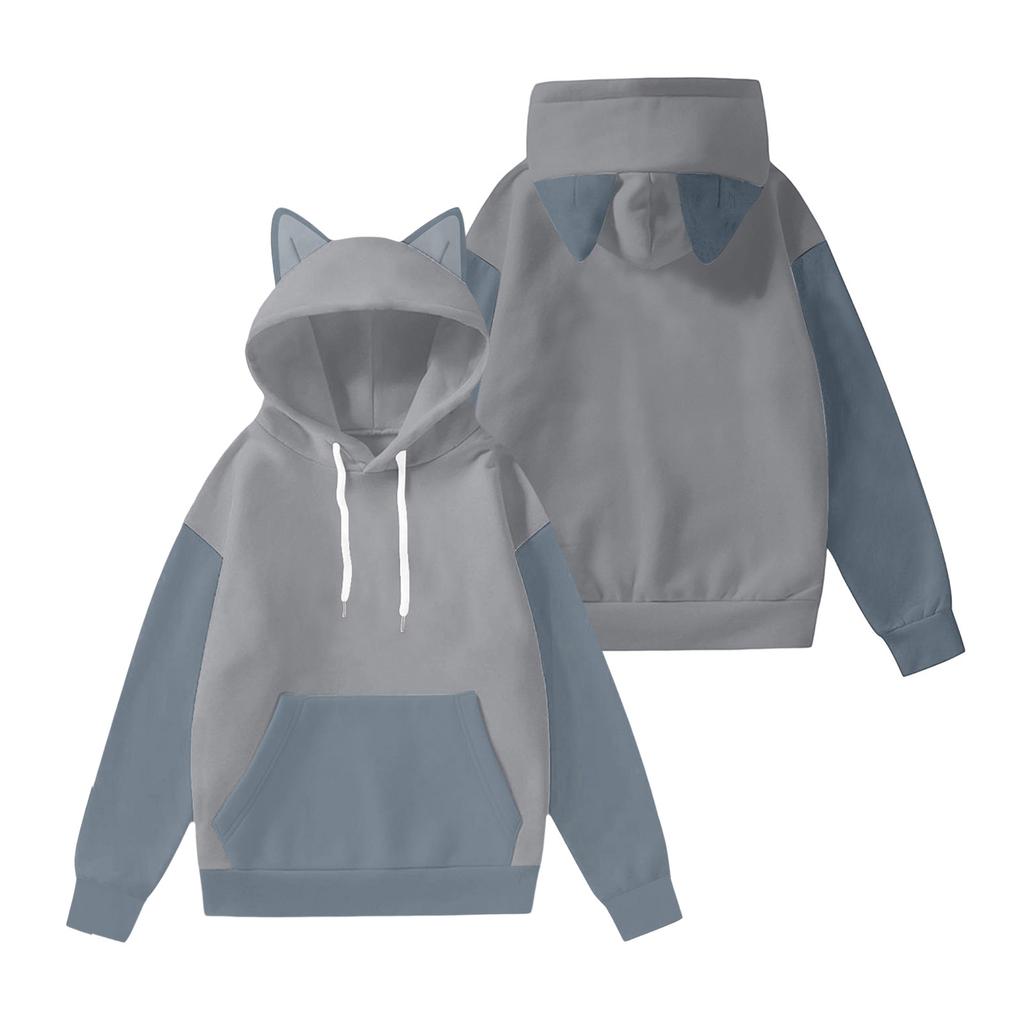 Women's Fashion Long-Sleeved Color-Blocked Printed Hooded Sweatshirt With Ears