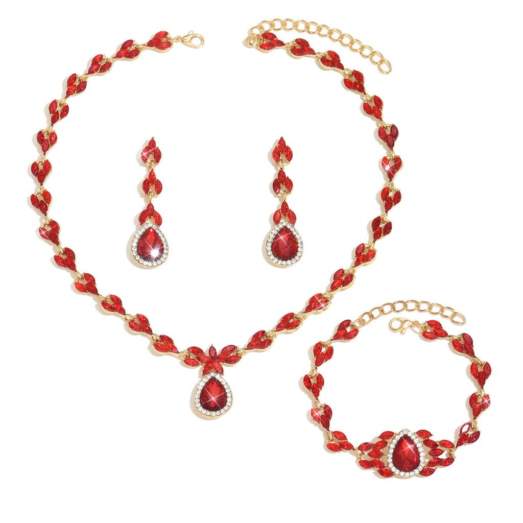 European and American Fashion Green Blue Red Rhinestone Necklace Earrings Bracelet Ring Set Full of Diamonds Four-piece Set 2026
