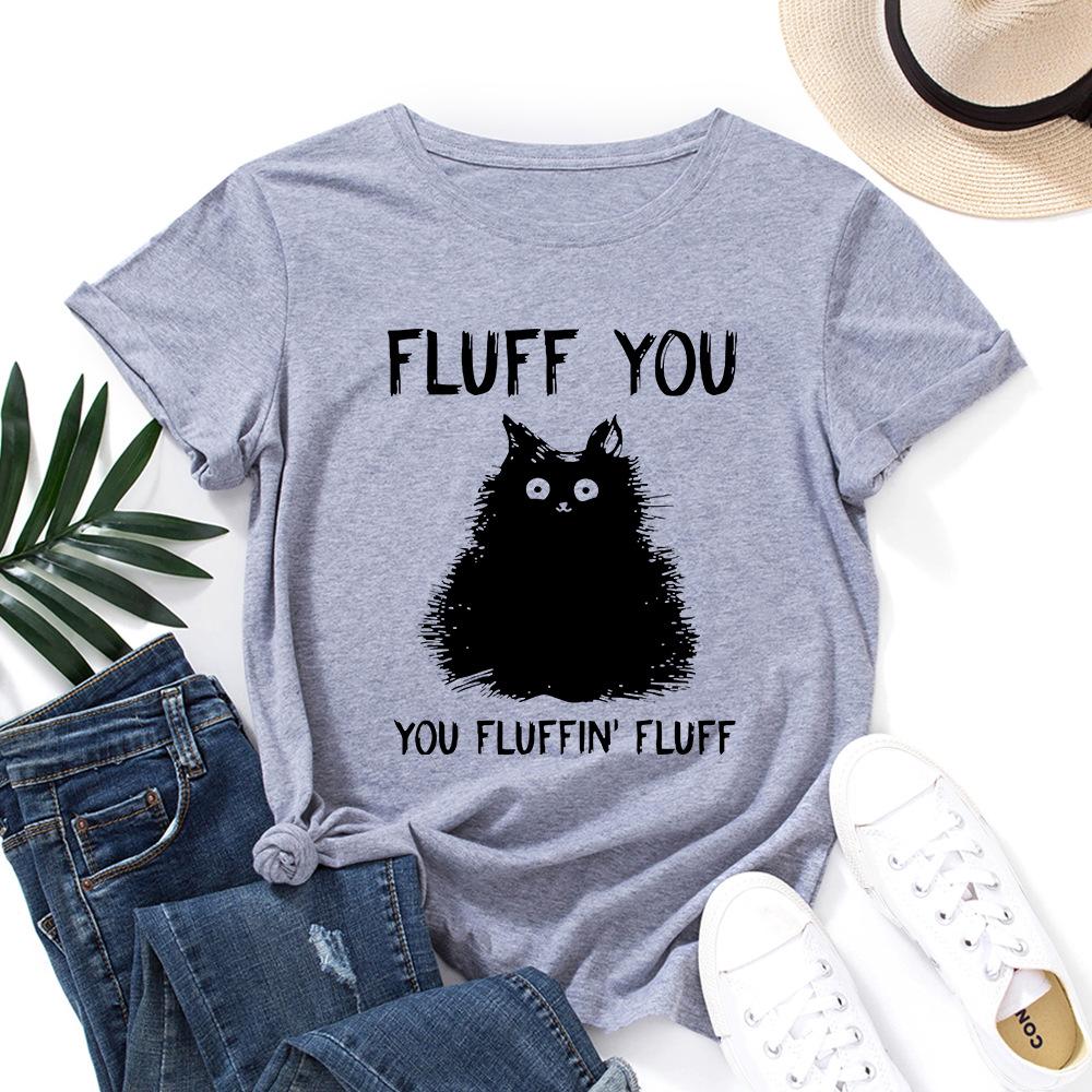 Women's Line Cat Print Loose Round Neck Short Sleeved T-shirt for Women Shirt