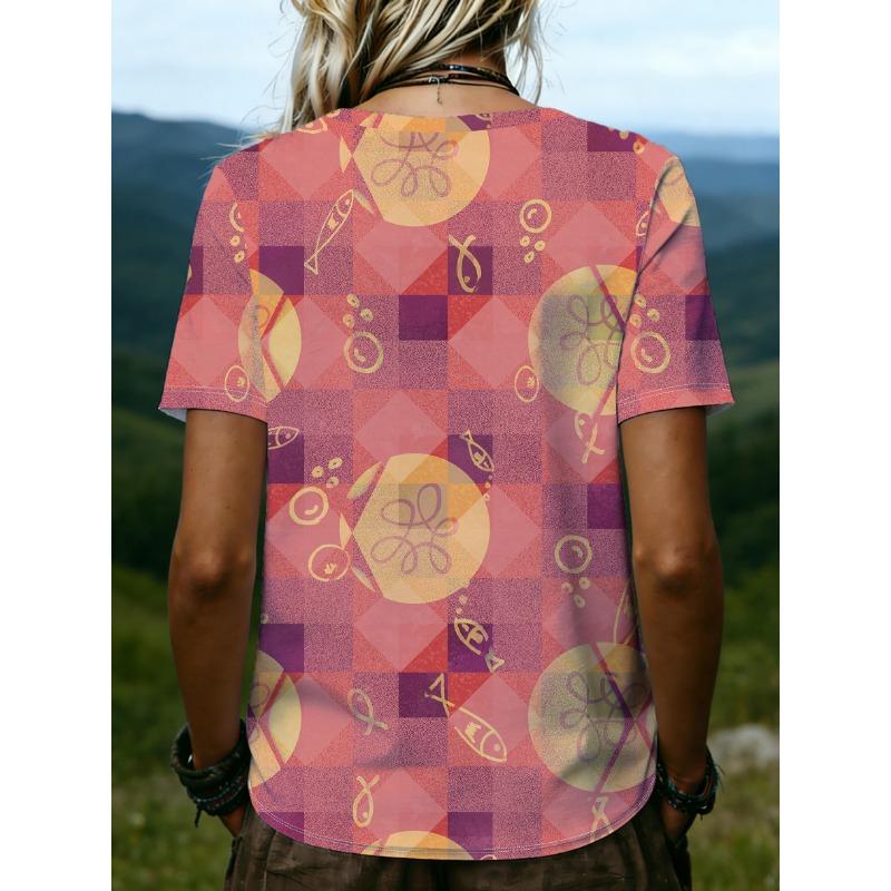Large size women's 2026 new 3D printed V-neck short sleeved T-shirt, comfortable, loose and versatile casual top
